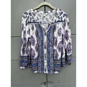 Style & Co Paisley Print Embroidered Button Front Blouse Roll Tab Sz PXL Peasant